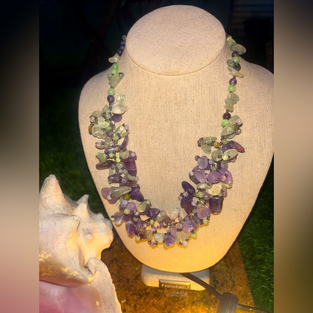 GENUINE Stone Purple Amethyst and Green Prehnite Chunky Necklace 18in Women